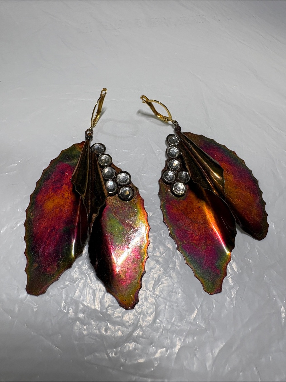 Source Unknown Iridescent Multicolor Leaf Earrings with Crystal Accents